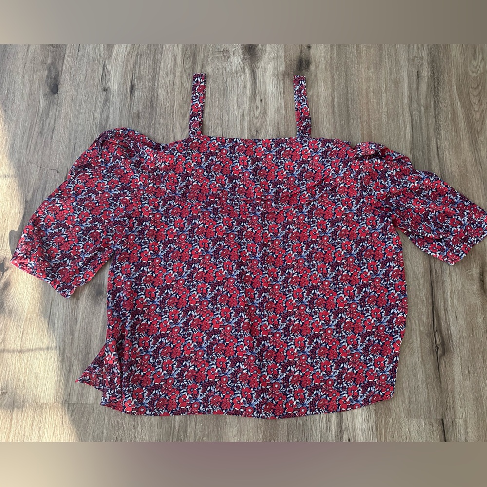 NYDJ NORDSTROM SIZE 2X COLD SHOULDER BLOUSE RED WHITE BLUE FLORAL